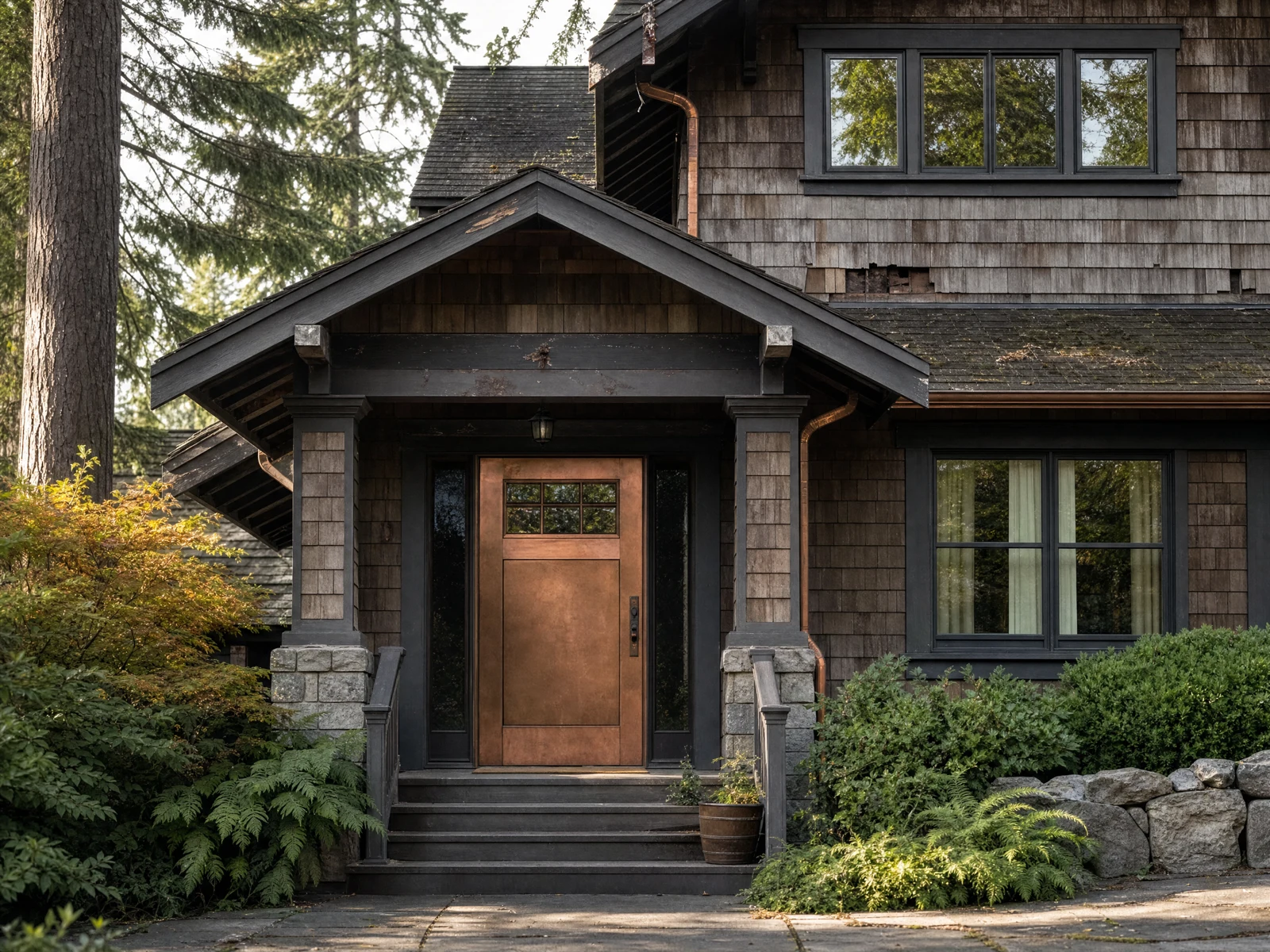 Illustrative older Northwest home with weathered cedar siding